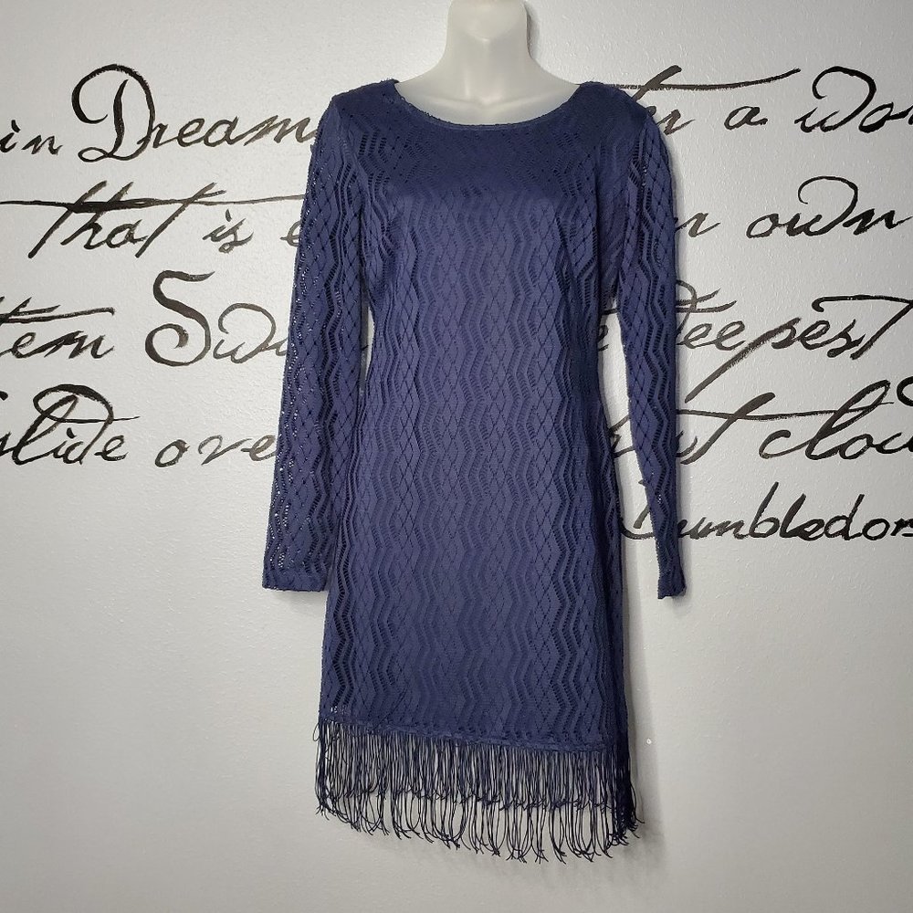 Teeze Me Navy Crochet & Fringe Party Mini Dress, M